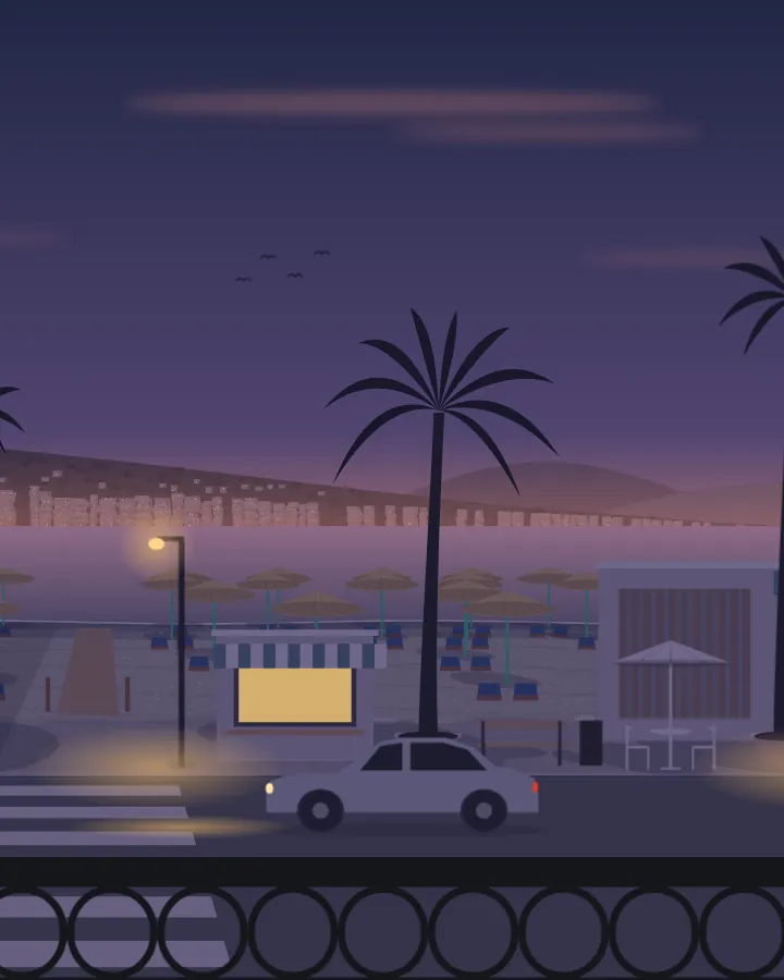 Drawing of the bay of Sarandë, dusk