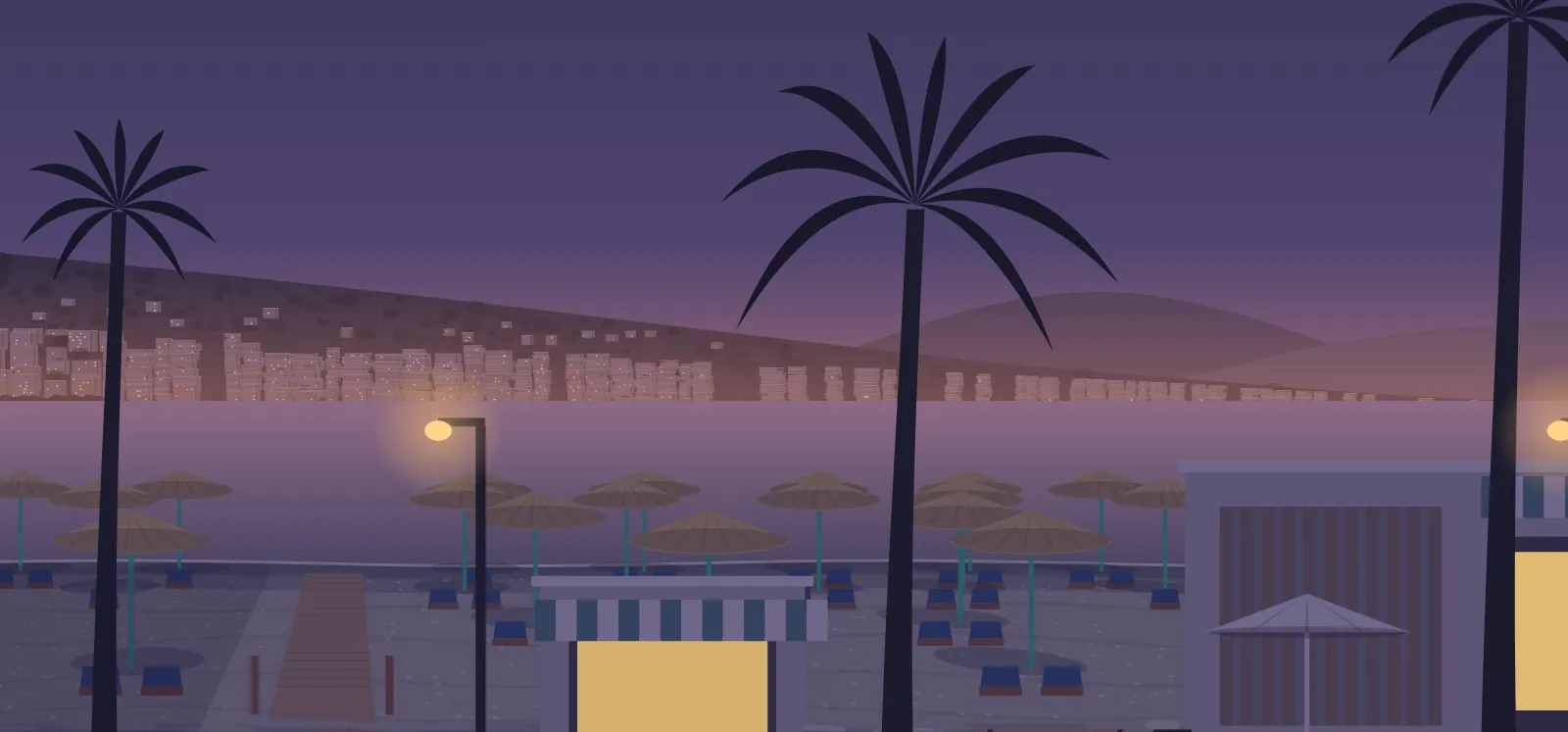Drawing of Sarandë at dusk, with the town lights on